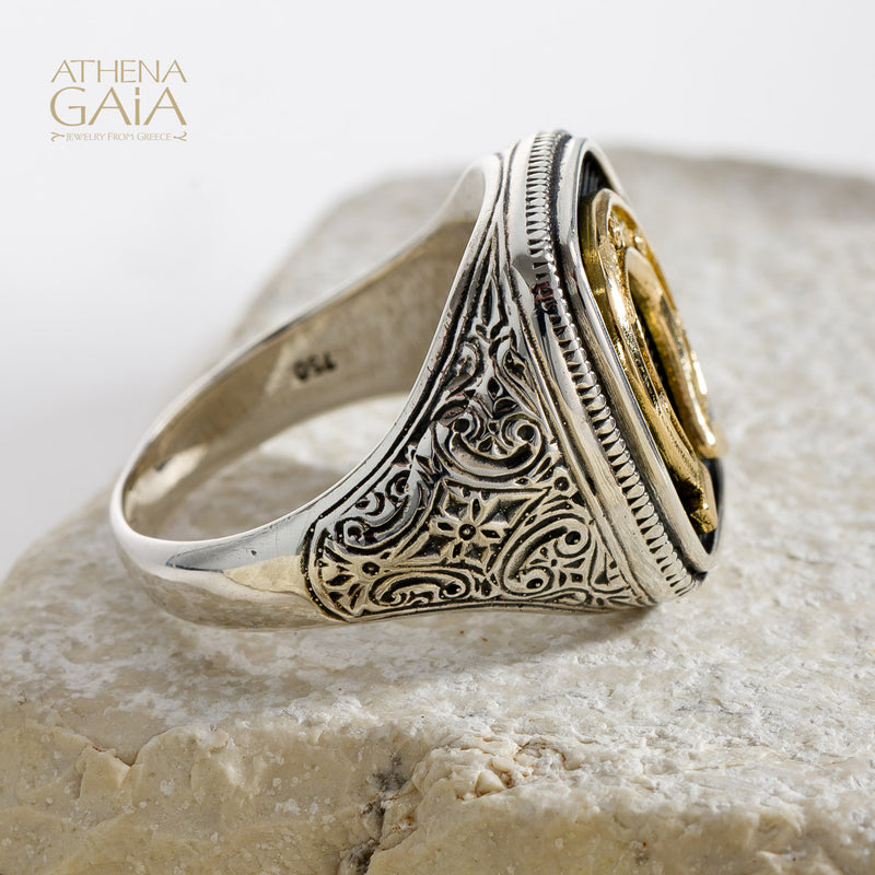 Horseshoe Talisman Wide Band Ring - 18k Gold & Sterling Silver - Signet Ring