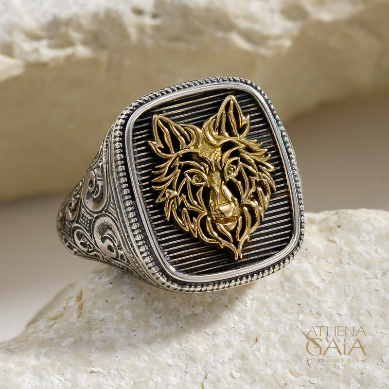 Wolf Talisman Wide Band Ring - 18k Gold & Sterling Silver - Signet Ring