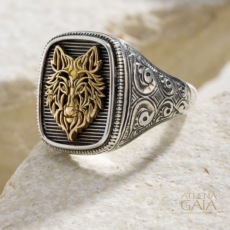 Wolf Talisman Wide Band Ring - 18k Gold & Sterling Silver - Signet Ring