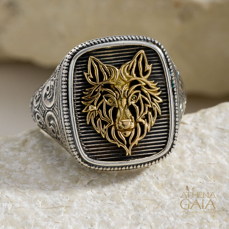 Wolf Talisman Wide Band Ring - 18k Gold & Sterling Silver - Signet Ring