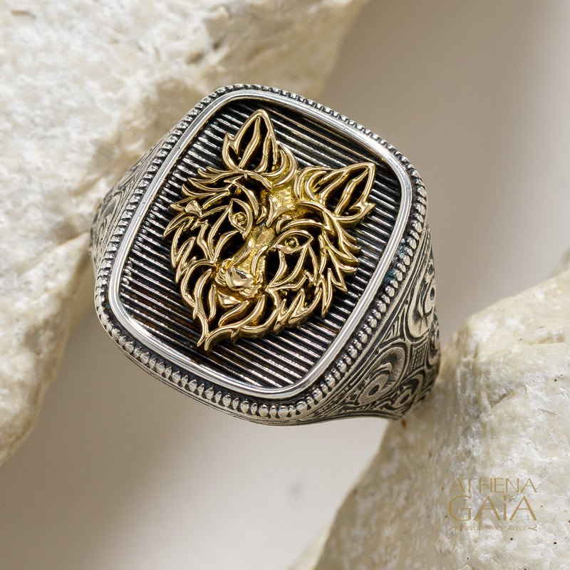 Wolf Talisman Wide Band Ring - 18k Gold & Sterling Silver - Signet Ring