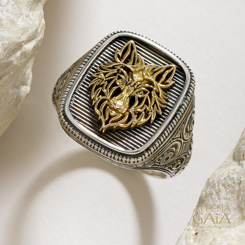 Wolf Talisman Wide Band Ring - 18k Gold & Sterling Silver - Signet Ring