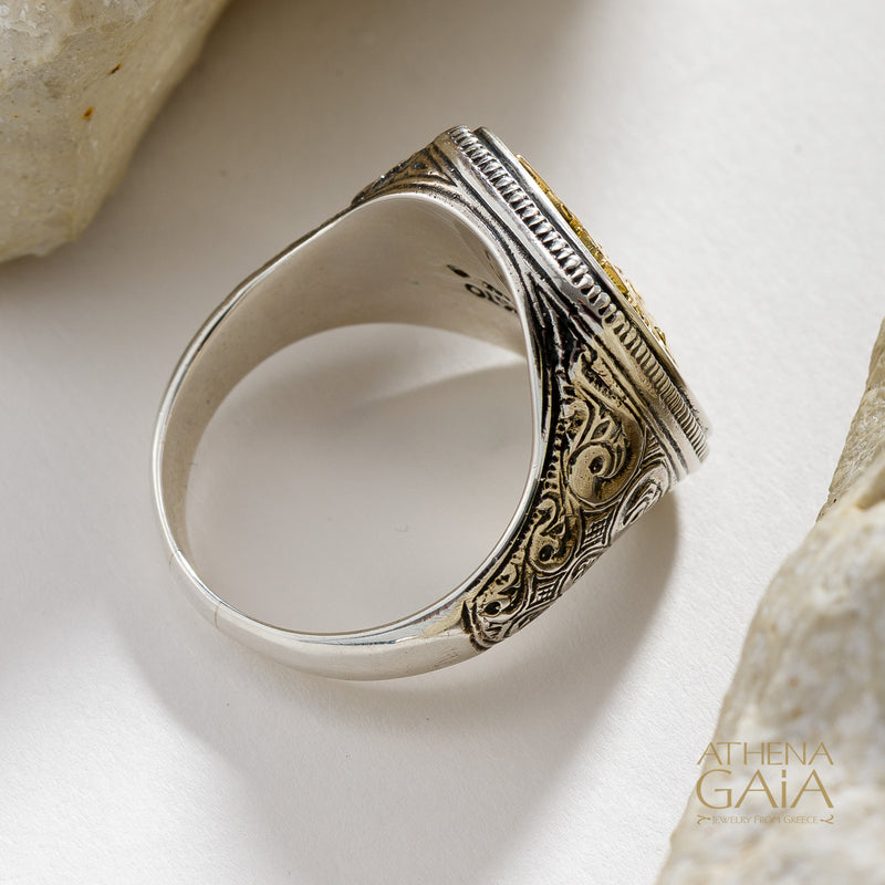 Hummingbird Talisman Wide Band Ring - 18k Gold & Sterling Silver - Signet Ring