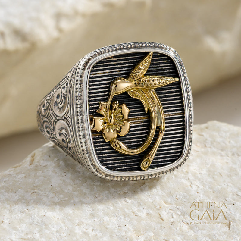 Hummingbird Talisman Wide Band Ring - 18k Gold & Sterling Silver - Signet Ring