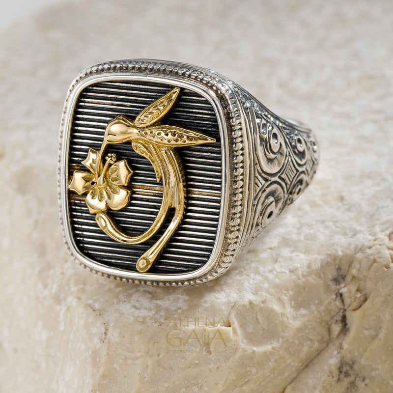 Hummingbird Talisman Wide Band Ring - 18k Gold & Sterling Silver - Signet Ring