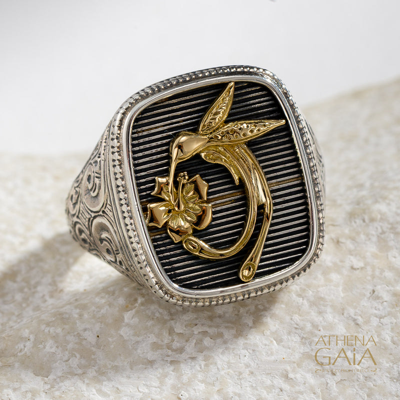 Hummingbird Talisman Wide Band Ring - 18k Gold & Sterling Silver - Signet Ring