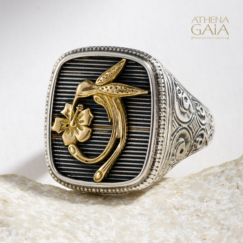 Hummingbird Talisman Wide Band Ring - 18k Gold & Sterling Silver - Signet Ring