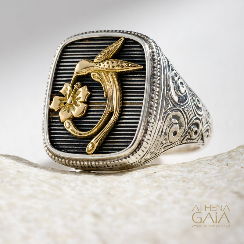 Hummingbird Talisman Wide Band Ring - 18k Gold & Sterling Silver - Signet Ring