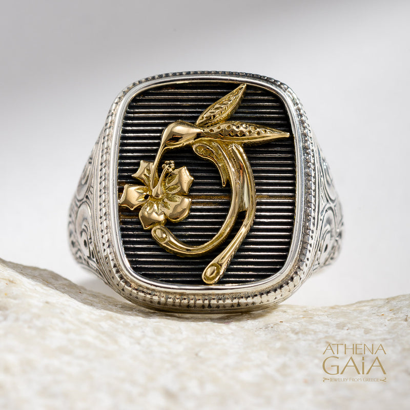 Hummingbird Talisman Wide Band Ring - 18k Gold & Sterling Silver - Signet Ring
