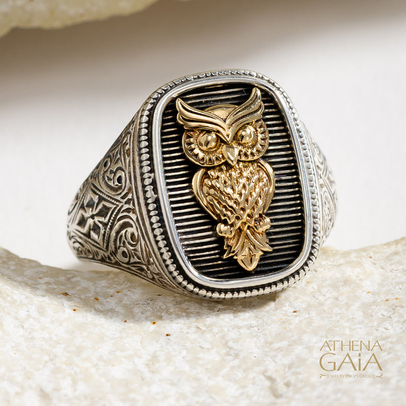Owl Talisman Wide Band Ring - 18k Gold & Sterling Silver - Signet Ring