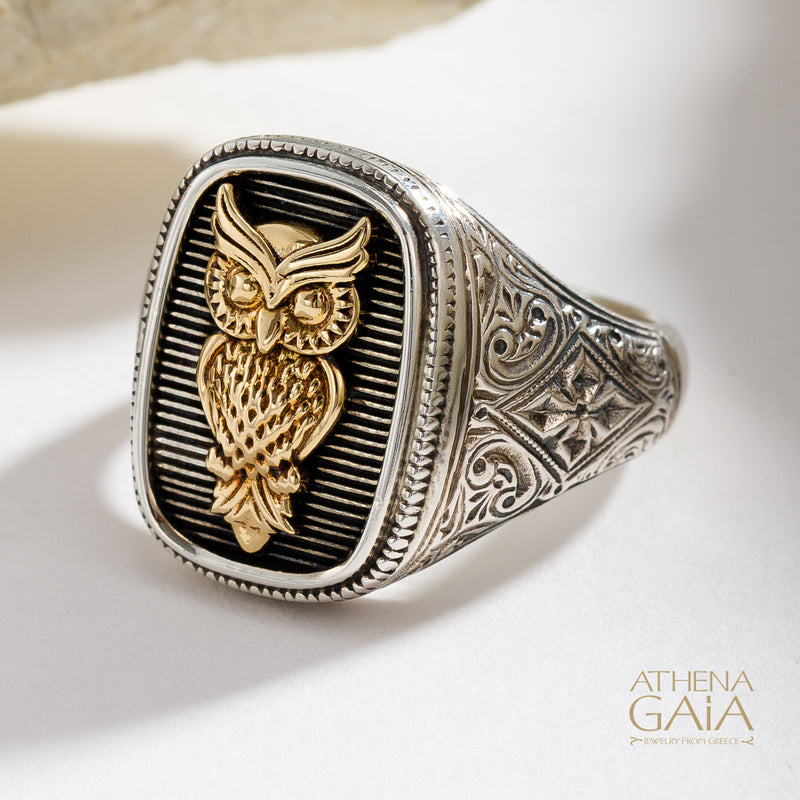 Owl Talisman Wide Band Ring - 18k Gold & Sterling Silver - Signet Ring