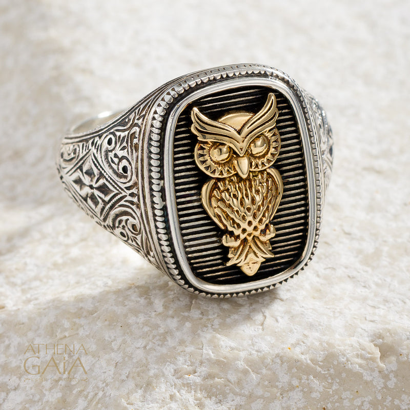 Owl Talisman Wide Band Ring - 18k Gold & Sterling Silver - Signet Ring