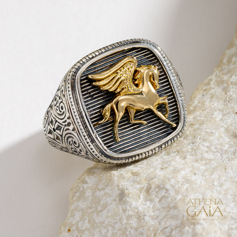 Pegasus Talisman Wide Band Ring - 18k Gold & Sterling Silver - Signet Ring