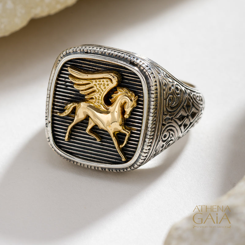 Pegasus Talisman Wide Band Ring - 18k Gold & Sterling Silver - Signet Ring
