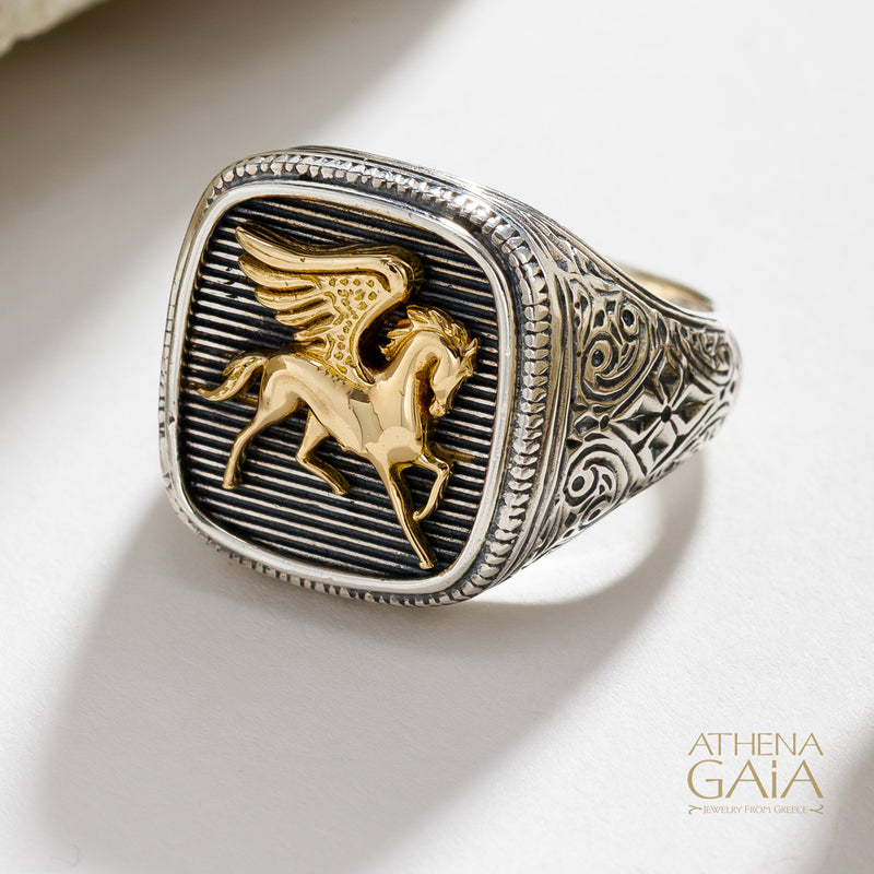 Pegasus Talisman Wide Band Ring - 18k Gold & Sterling Silver - Signet Ring