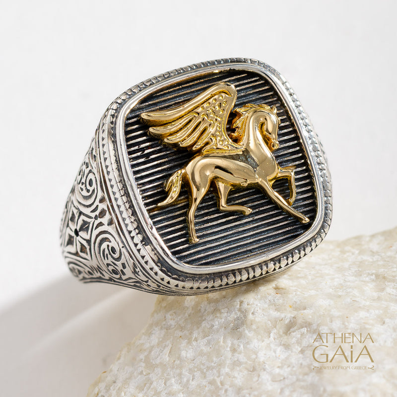 Pegasus Talisman Wide Band Ring - 18k Gold & Sterling Silver - Signet Ring