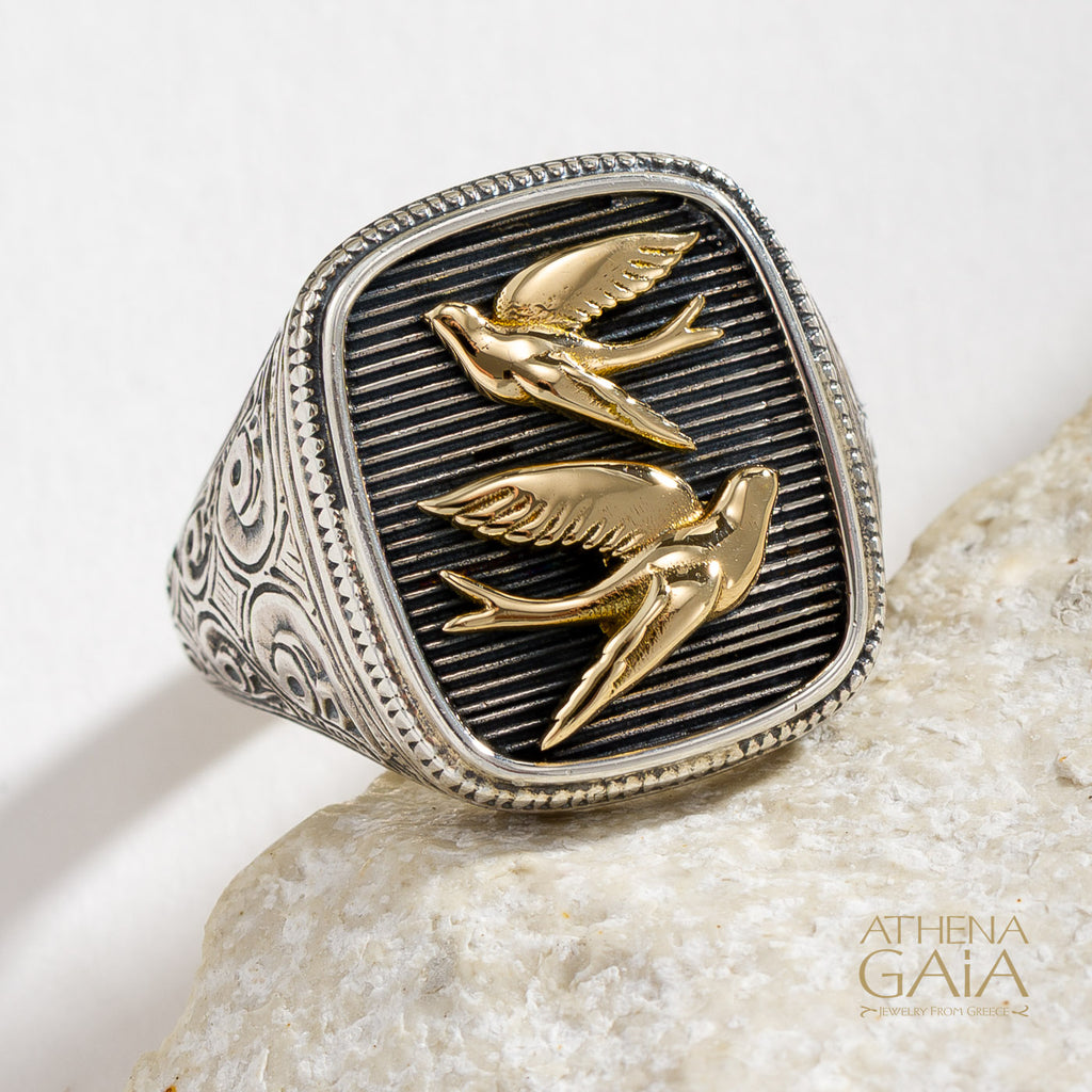 Twin Swallows Talisman Wide Band Ring - 18k Gold & Sterling Silver - Signet Ring