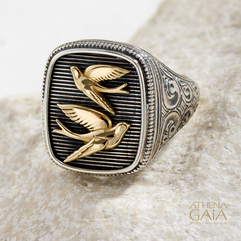 Twin Swallows Talisman Wide Band Ring - 18k Gold & Sterling Silver - Signet Ring