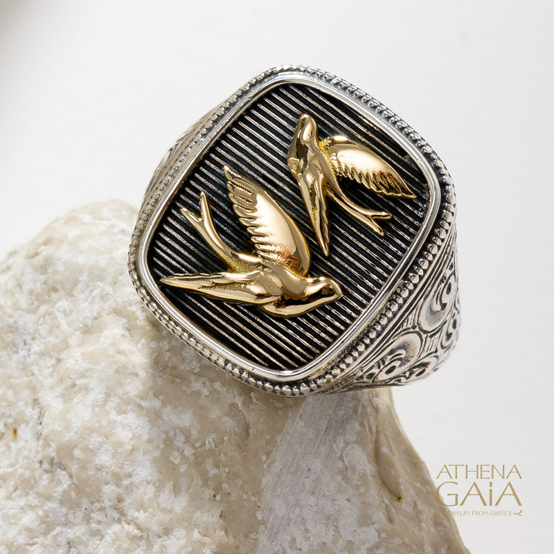 Twin Swallows Talisman Wide Band Ring - 18k Gold & Sterling Silver - Signet Ring