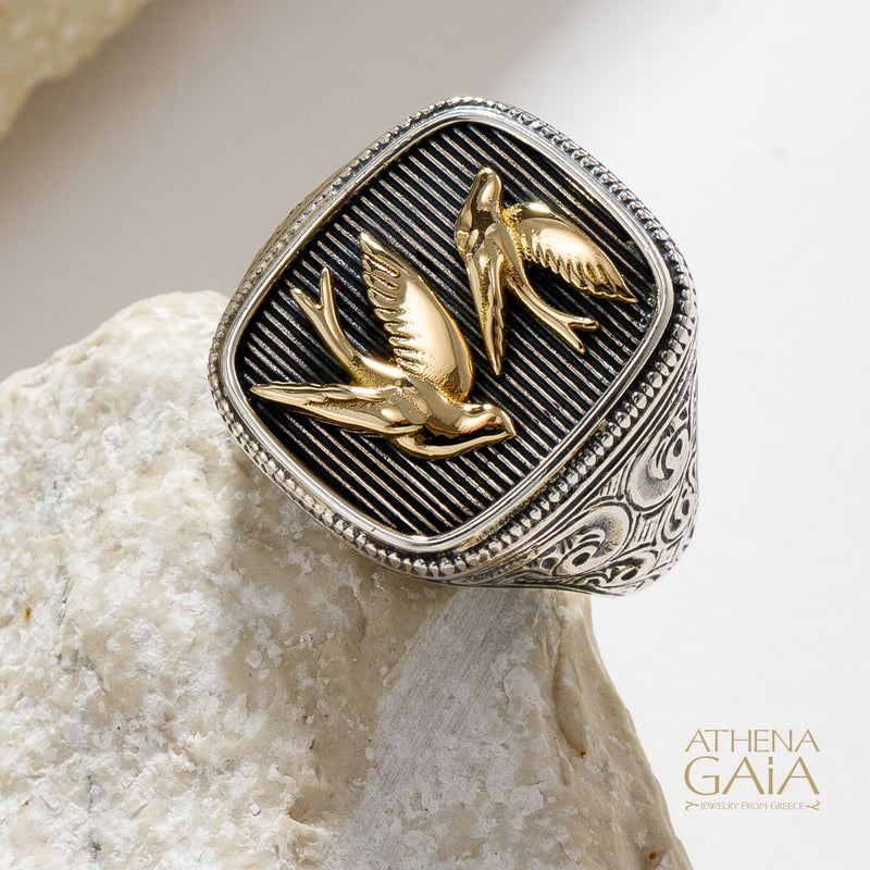 Twin Swallows Talisman Wide Band Ring - 18k Gold & Sterling Silver - Signet Ring