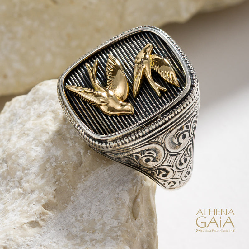 Twin Swallows Talisman Wide Band Ring - 18k Gold & Sterling Silver - Signet Ring