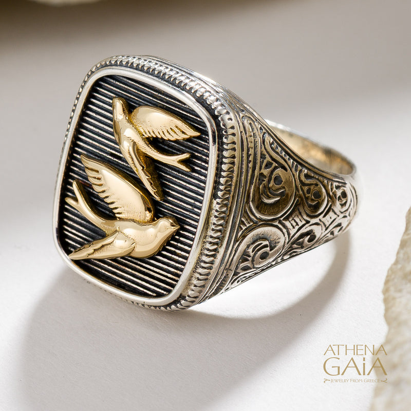 Twin Swallows Talisman Wide Band Ring - 18k Gold & Sterling Silver - Signet Ring