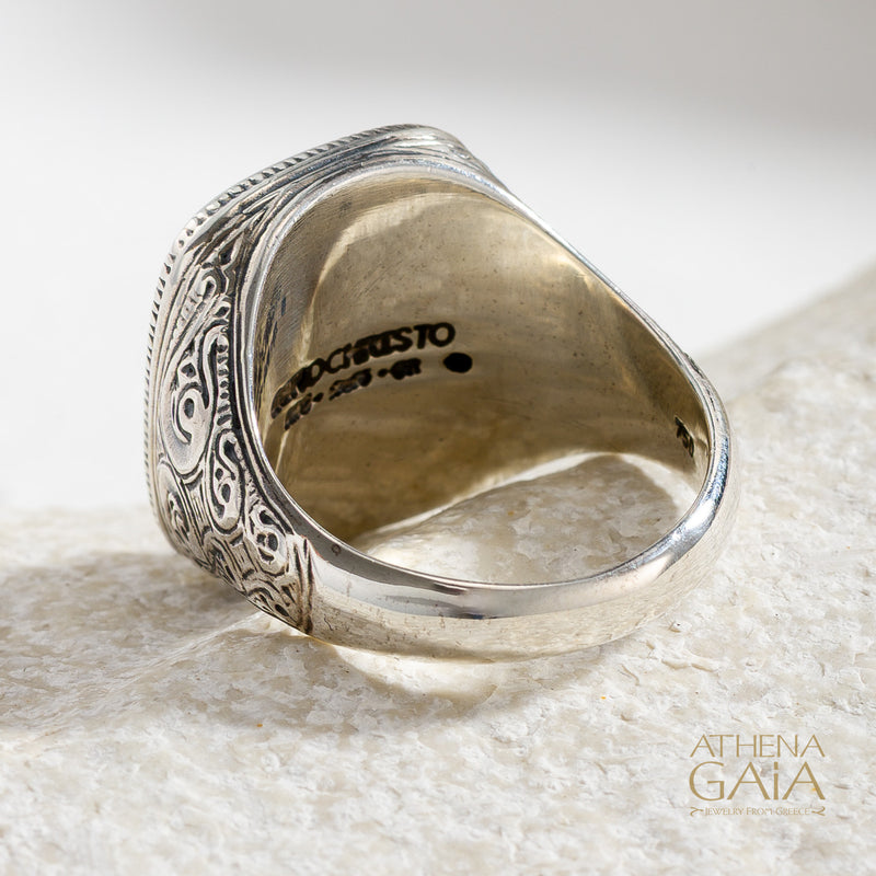 Twin Swallows Talisman Wide Band Ring - 18k Gold & Sterling Silver - Signet Ring