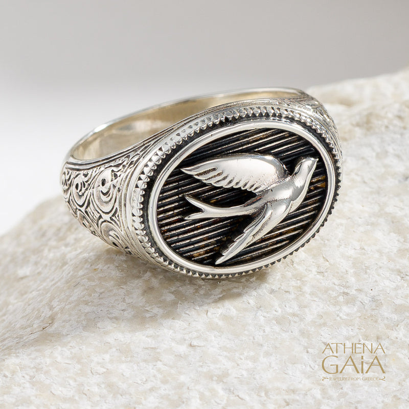 Oval Swallow Talisman Wide Band Ring - Sterling Silver - Signet Ring