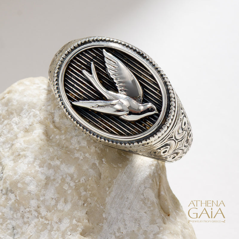 Oval Swallow Talisman Wide Band Ring - Sterling Silver - Signet Ring