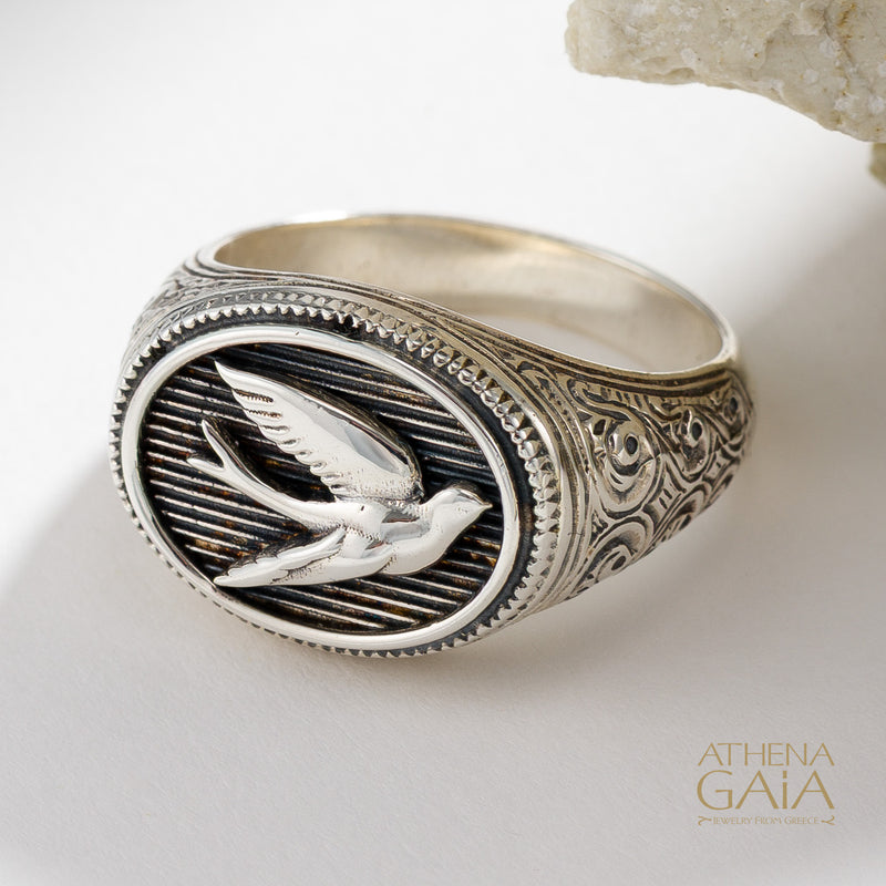 Oval Swallow Talisman Wide Band Ring - Sterling Silver - Signet Ring