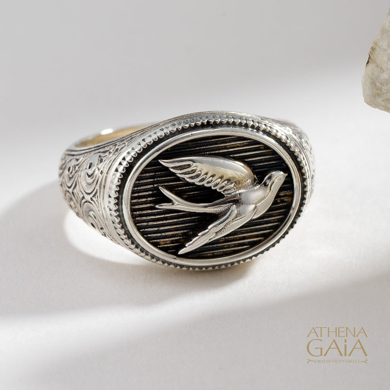 Oval Swallow Talisman Wide Band Ring - Sterling Silver - Signet Ring