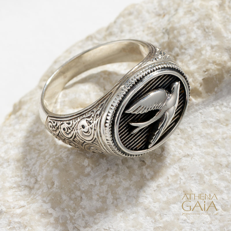 Oval Swallow Talisman Wide Band Ring - Sterling Silver - Signet Ring