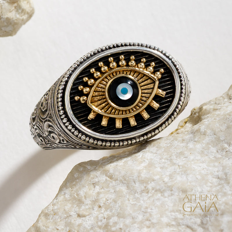Oval Evil Eye Talisman Wide Band Ring - 18k Gold & Sterling Silver - Signet Ring