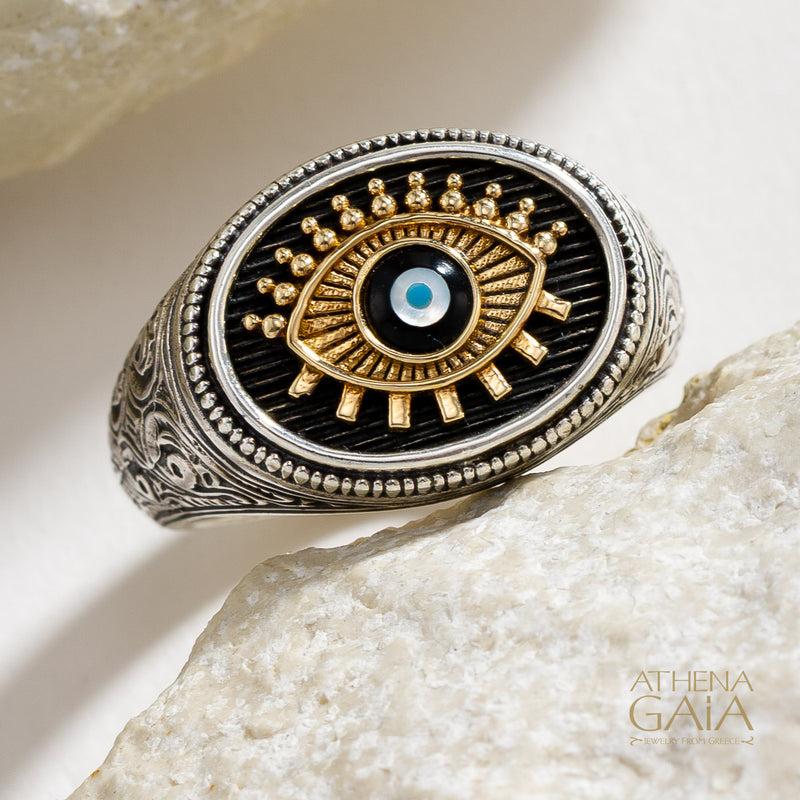 Oval Evil Eye Talisman Wide Band Ring - 18k Gold & Sterling Silver - Signet Ring