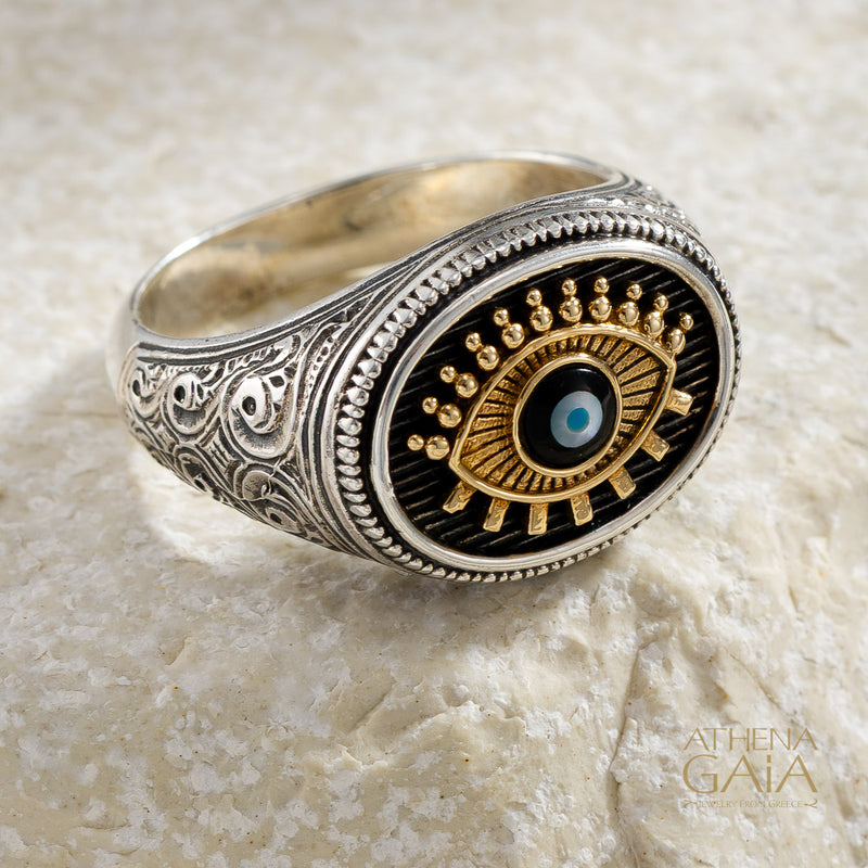 Oval Evil Eye Talisman Wide Band Ring - 18k Gold & Sterling Silver - Signet Ring