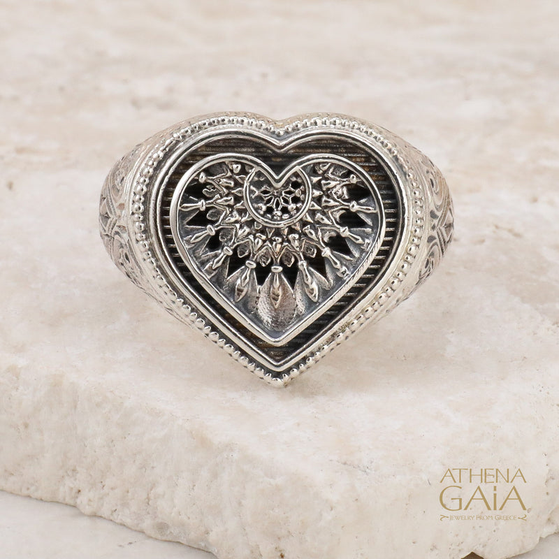 Heart Dream Catcher Talisman Ring - Sterling Silver - Signet Ring