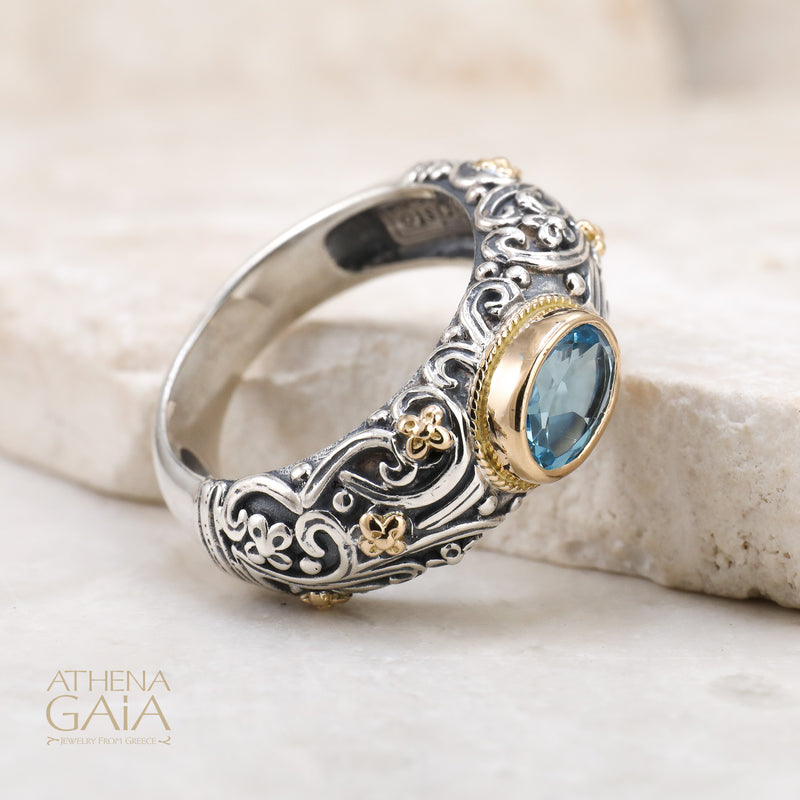 Meadow Breeze Large Stone Band Ring - 18k Gold & Sterling Silver Ring - Stackable Ring