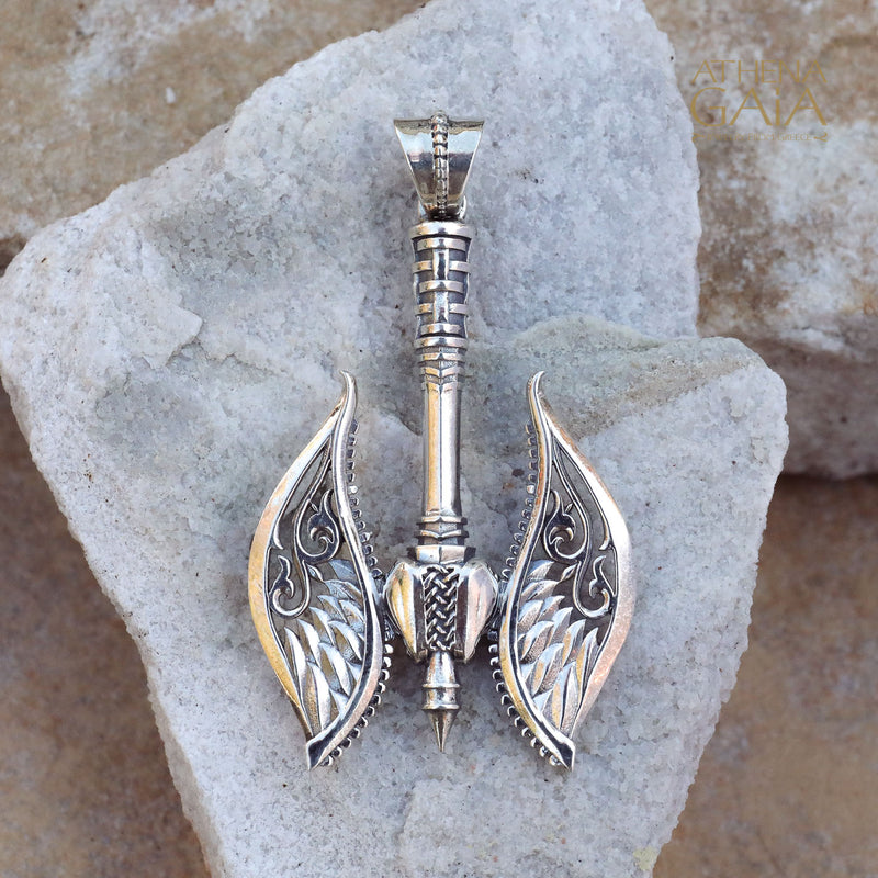 Winged Axe Reversible Pendant - Sterling Silver