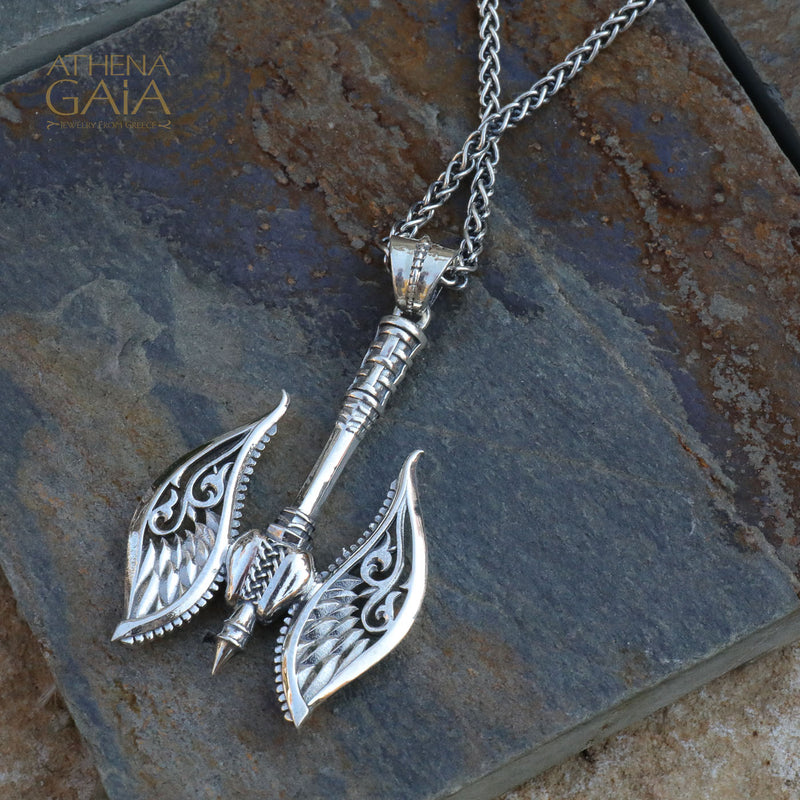Winged Axe Reversible Pendant - Sterling Silver