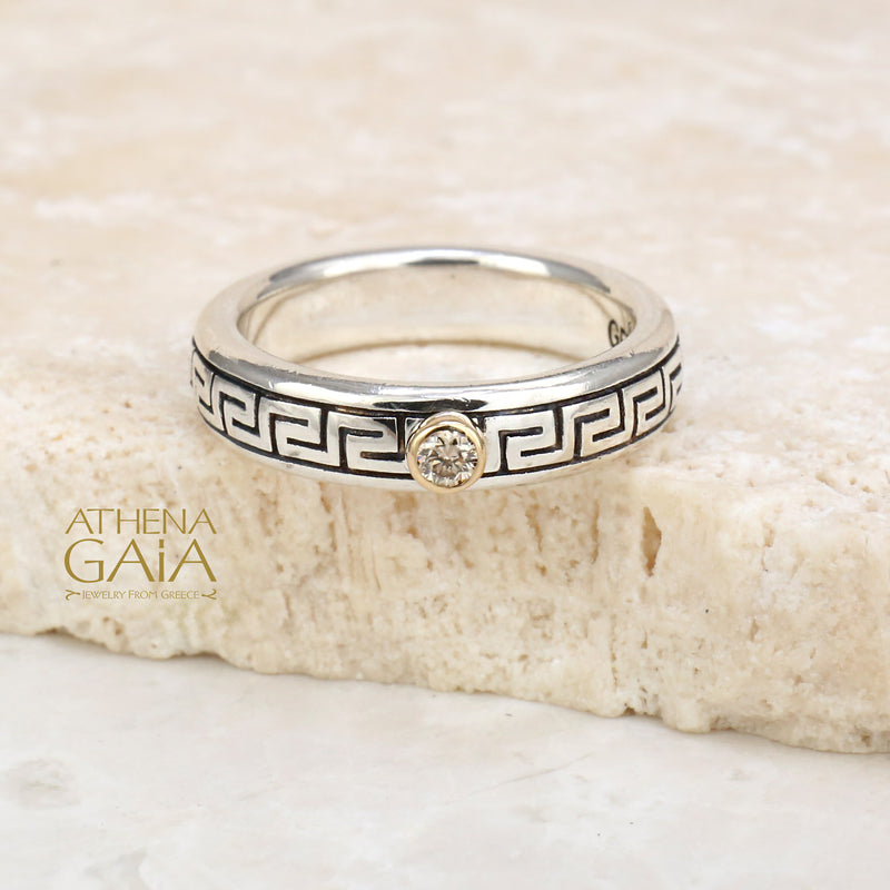 Meander with Gemstone Band Ring - 18k Gold & Sterling Silver Ring - Stackable Ring