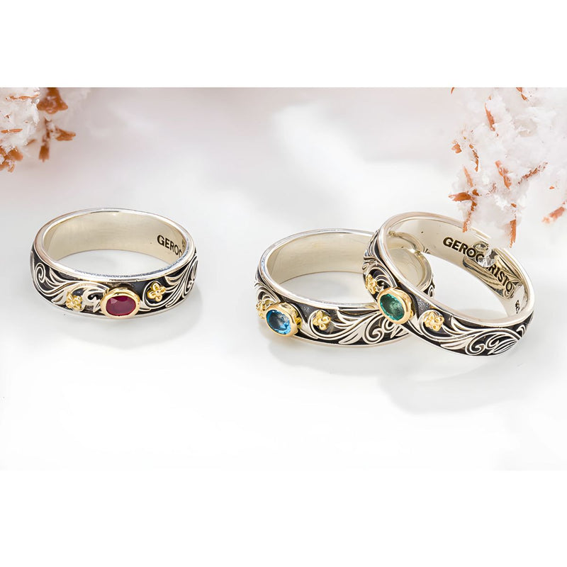 Floral Band Ring - 18k Gold & Sterling Silver Ring - Stackable Ring