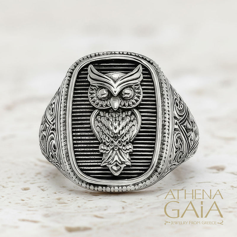 Owl Talisman Ring - Sterling Silver - Signet Ring