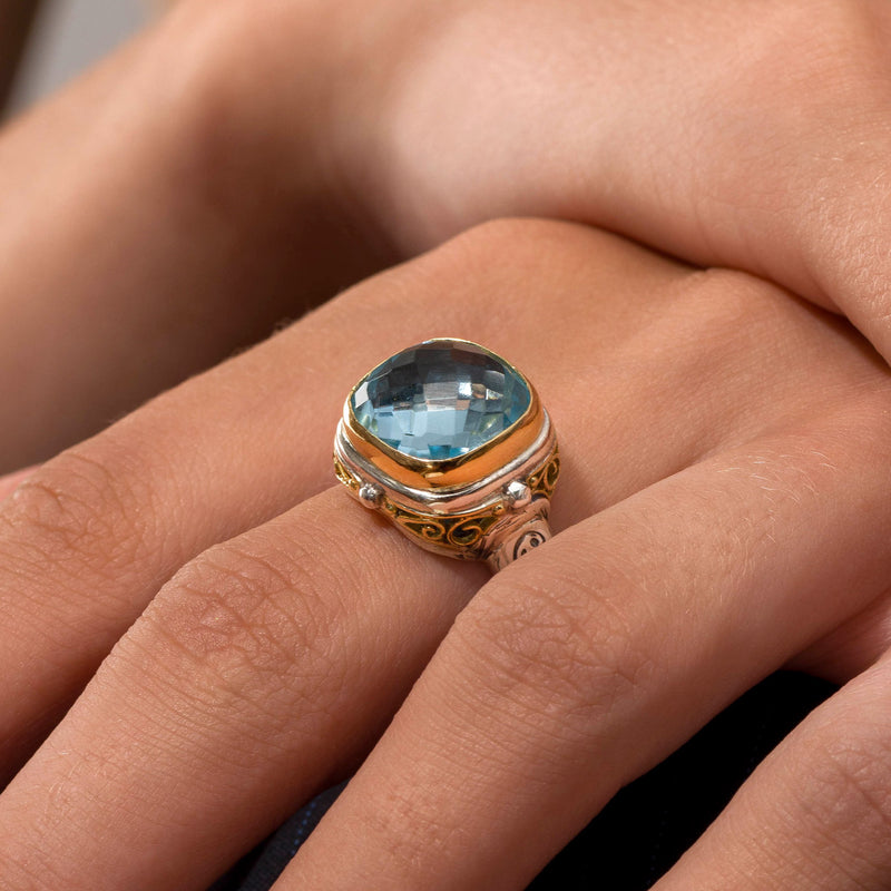 Topaz Filigree Side Square Ring - 18k Gold & Sterling Silver Ring - Cocktail Ring