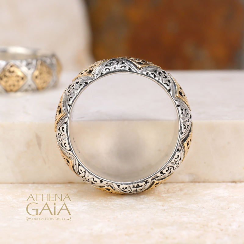 Byzantine Checker Wide Ring - 18k Gold & Sterling Silver Ring - Cigar Band Ring