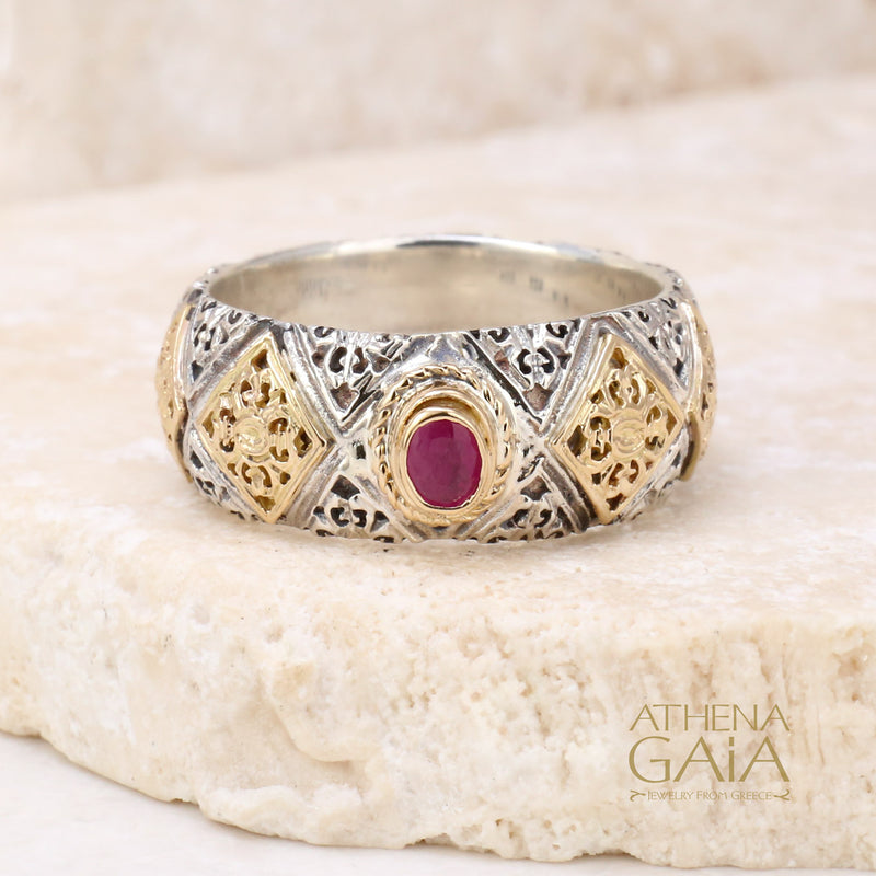 Byzantine Checker Band Gemstone Ring - 18k Gold & Sterling Silver Ring - Stackable Ring