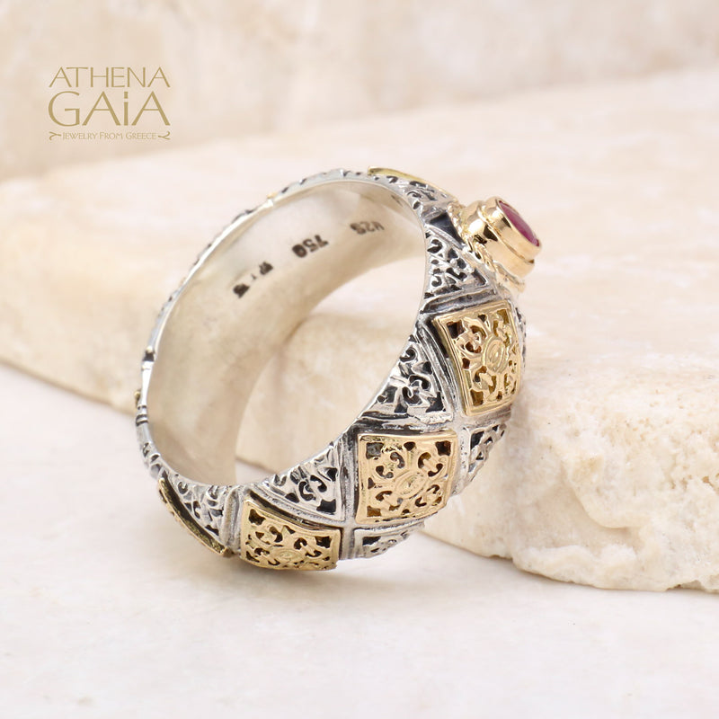 Byzantine Checker Band Gemstone Ring - 18k Gold & Sterling Silver Ring - Stackable Ring