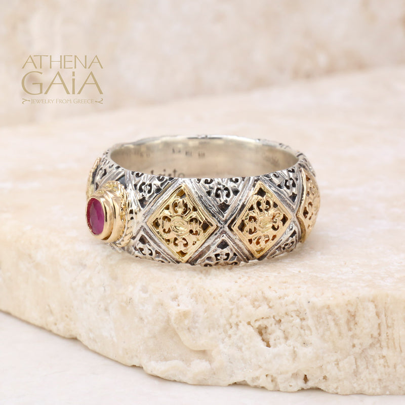 Byzantine Checker Band Gemstone Ring - 18k Gold & Sterling Silver Ring - Stackable Ring