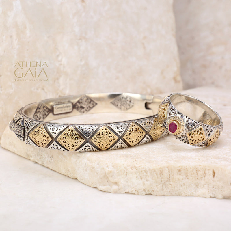 Byzantine Checker Bracelet - 18k Gold and Sterling Silver - Hinged Bangle Bracelet