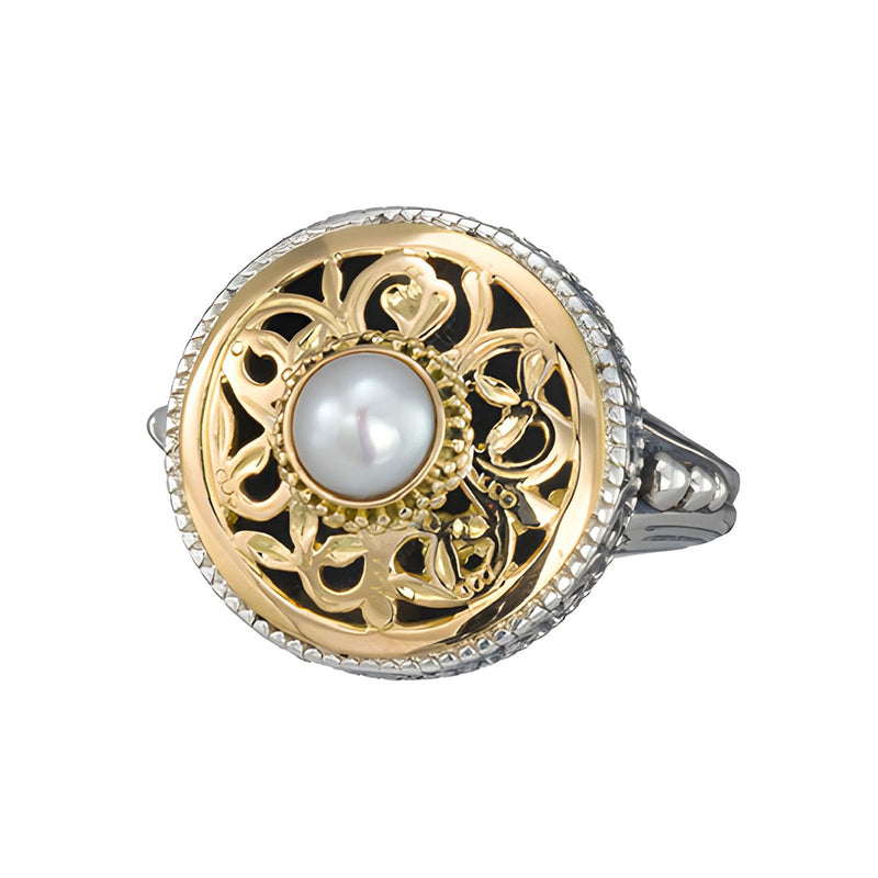 Garden Shadows Round with Pearl Ring - 18k Gold & Sterling Silver Ring - Cocktail Ring