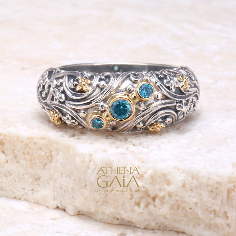 Meadow Breeze Stone Path Floral Band Ring - 18k Gold & Sterling Silver Ring - Stackable Ring